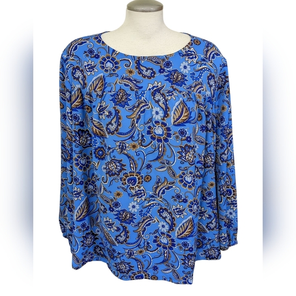J Jill Wearever Womens Plus 2X Blue Floral Paisley Peasant Top Blouse Shirt - Picture 1 of 7